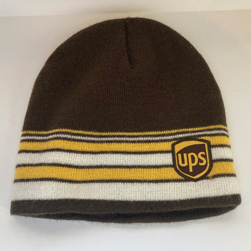 UPS Beanie Brown with yellow and white stripes. Pre owned